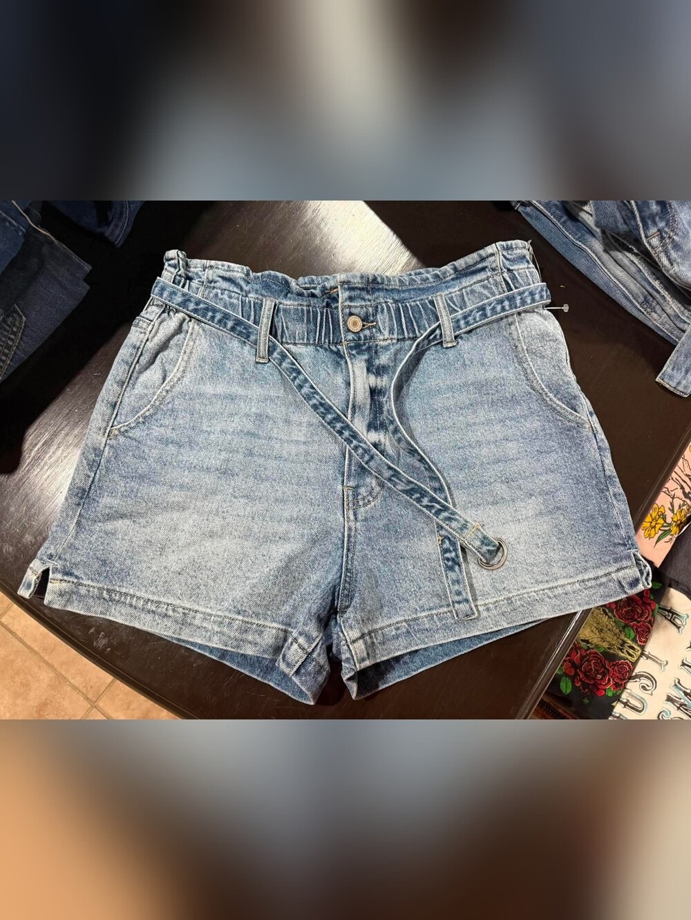 Light Blue Denim Paperbag Waist Shorts with Self-Tie Belt